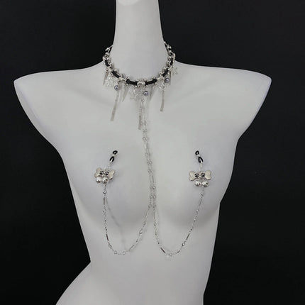 Dark-themed Erotic Nipple Clamps with Full-body Chain and Collar SM-style Nipple Body Decoration Made of Metal Adult Toy Product