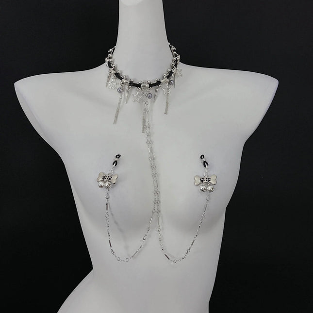 Dark-themed Erotic Nipple Clamps with Full-body Chain and Collar SM-style Nipple Body Decoration Made of Metal Adult Toy Product