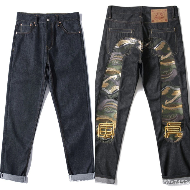 Men's Japanese Handmade Embroidered Jeans Pure Cotton Straight Tube Hip-Hop Popular Slim Red Ears Show Thin Trousers Devil Black