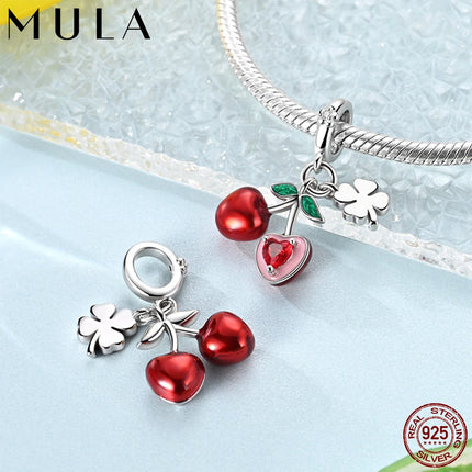 Mula 1Pc Hot Sale 925 Silver Cherry Clover Pendant Charm Fit Original Snake Chain Bracelet DIY Jewelry Gift for Women