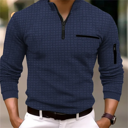 New men's long-sleeved striped POLO shirt with zipper collar, retro style sports and outdoor casual tops