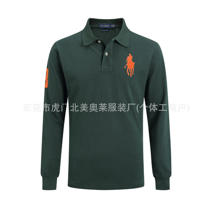 Long Sleeve Pure Cotton Polo Shirt Men's Embroidered Polo Neck T-Shirt Casual Spring Autumn British Style Loose Fit Solid Color