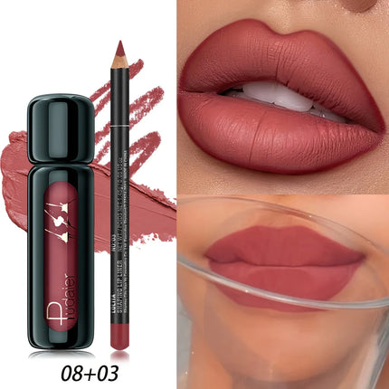 1set Long-lasting waterproof matte lip liner pen and lip gloss set - Smooth and natural tones, waterproof and not easy to smudge