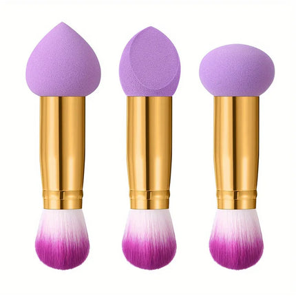 3 Pcs Double Ended Purple Makeup Sponge and Brush Set, Easy to Use, Portable Travel Set