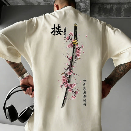 Summer Men's Japanese Samurai Sword Cherry Blossom Print T-Shirt 100% Cotton Round Neck Short Sleeve Breathable Loose Casual