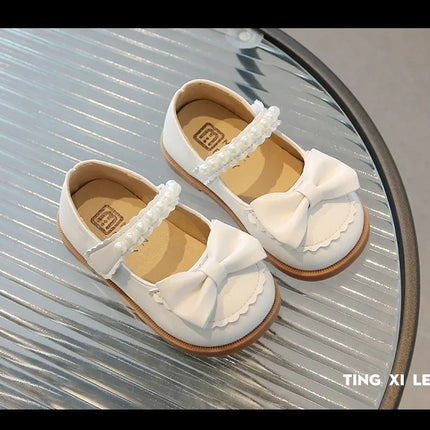 Toddlers Girls Leather Shoes Little Kids Casual Flats Princess Sweet with Pearls Beading Bow-knot 2024 Dress Party Shoes Soft