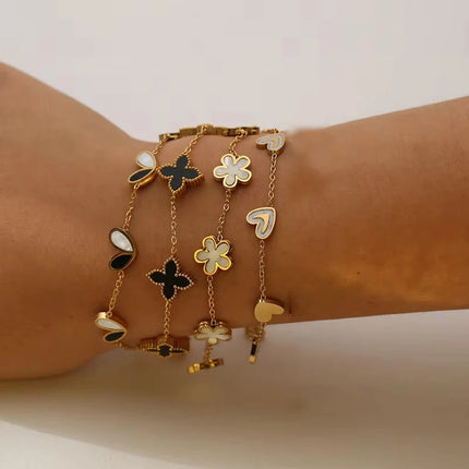 GANPUP 316L Stainless Steel Metal Gold Color Flower Heart Bracelet Bangle Texture Jewelry Trendy Wrist Chain for Women Men New