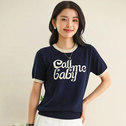 New women's short-sleeved 100% cotton knitted O-neck women's T-shirt Korean version fashionable hot selling top