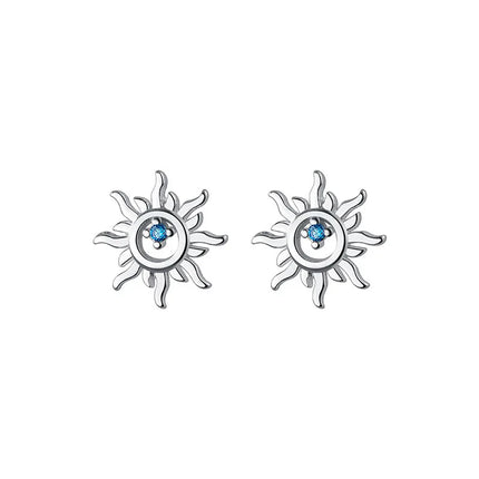 925 Sterling Silver Blue Zircon Sun Small Stud Earrings For Women Piercing Elegant High Fine Jewelry Best Selling