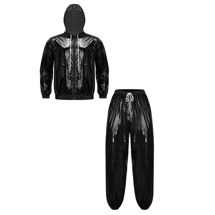 Men Waterproof Glossy Jacket Tops with Jogging Pants Hip Hop Dance Dancewear Outdoor Activities Raincoat Windbreak Streetwear