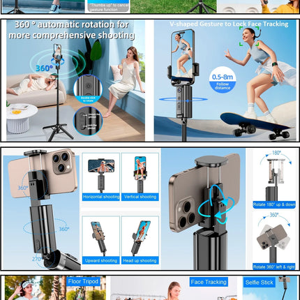 Auto Face Tracking Tripod 360° Rotation for iPhone Android, 59'' Auto Tracking Phone Holder Tripod Selfie Stick for Video Vlogs