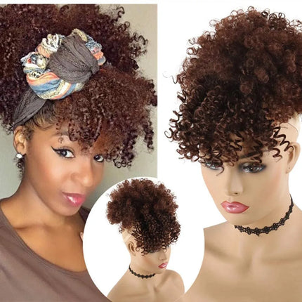 Synthetic Afro Puff Drawstring Ponytail with Bangs Pineapple Updo Hair for Black Women Short Kinky Curly Ponytail Bun