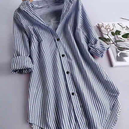 Plus Size Women's Fashion Striped Lapel Single Breasted Blouse Shirt Autumn Spring Ladies Casual Loose Long Sleeve Button Shirt