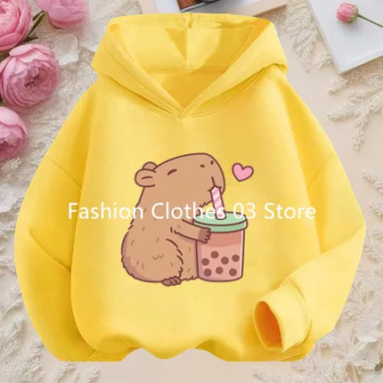 Cartoon Fun Capybara Cute Print Boys and Girls Soft Hoodie Fall and Winter Outdoor Leisure Sports Children's Hooded Sweatshirt