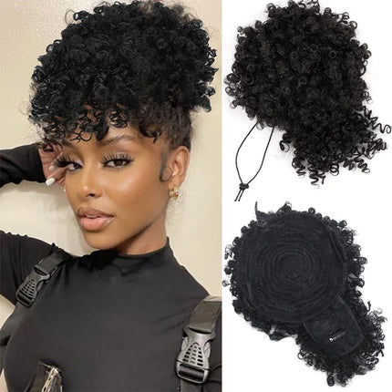 Drawstring Ponytail for Black Women, Afro Puff Kinky Curly Synthetic Hair Ponytail with Bangs Updo Natural Hair Ponytail