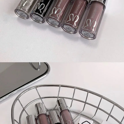 SHAQINUO Water Light Mirror Lip Gloss Lasting Moisturizing Cool Black Silver Gray Pearlescent Fine Sparkling Lipstick Lip Oil