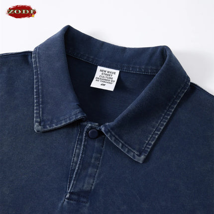 ZODF Retro Summer Boxyfit Man Washed Polo T Shirts Unisex 280gsm Distressed Loose Turn Down Collar Cotton T-Shirt HY1231