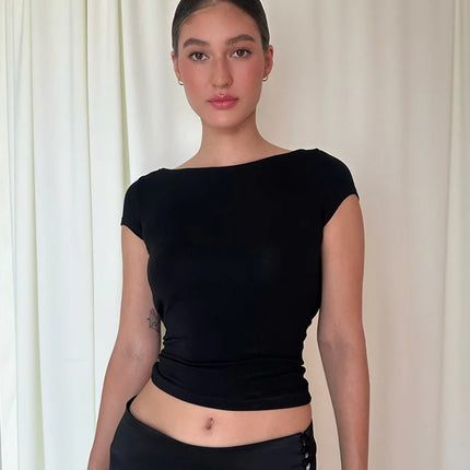 Women's O Neck Short Sleeve Backless Ruched Crop Top Y2K Streetwear Summer Spring Casual T-Shirt Dropshipping