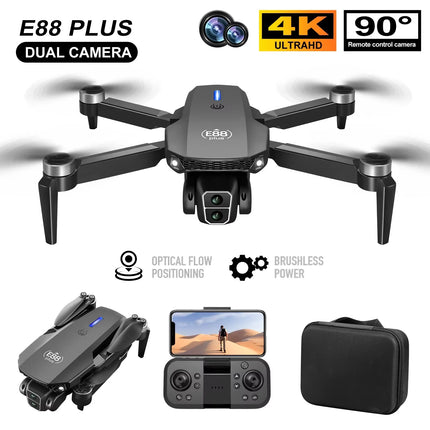 E88 Plus Quadcopter Drone w/ 90° Adjustable Camera: Brushless, Optical Flow, RC Toy