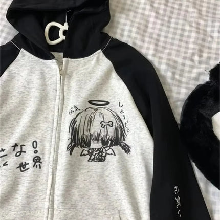 Japanese Contrast Color Hooded Tops Women Y2k Aesthetic Cartoon Print Grunge Hoodie Casual Zip Up Sweatshirt Harajuku Streetwear