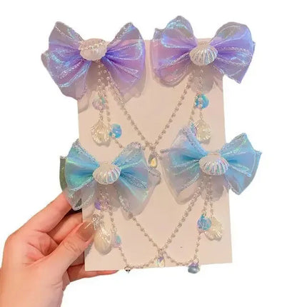 Baby Mermaid Princess Hair Clip - Pearl Tassel Bow Forehead Chain for Girls, Cute Children's Hair Accessories