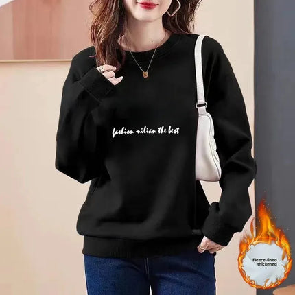 Thickened Fleece Women's Sweatshirt All-Match Comfortable One-Piece Velvet Winter Fashionable Cotton round Neck Printed Top