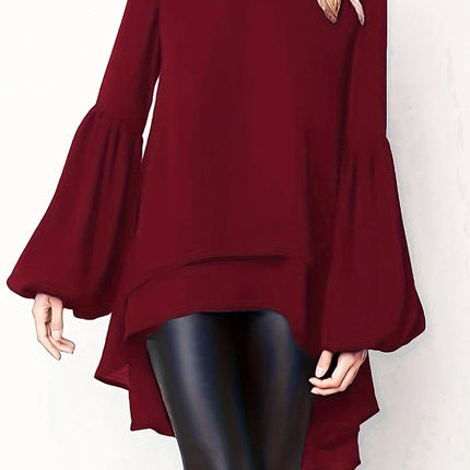 Plus size women's spring & summer solid color polyester non-elastic long back hem elegant lantern sleeve chiffon long sleeve top