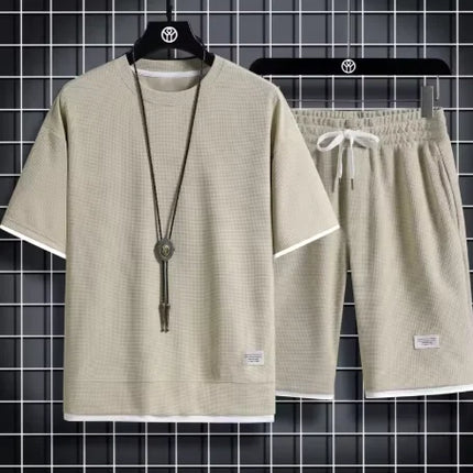 2026 new Summer Men's Waffle Sets Casual T-Shirt And Shorts Set Male Sports Suit Solid Color Tracksuit Loose Suits