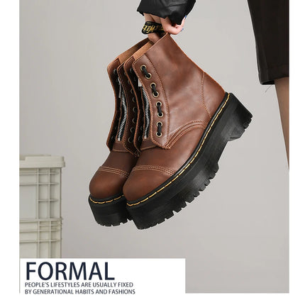 Women Boots Genuine Leather Platform Boots Motorcycle Shoes Front Zipper Optical Soles Fashion Sexy Punk Luxury Men Winter Boots