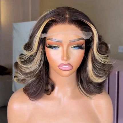 Black And White Highlight Wig 13x4 HD Short Body Wave Lace Front Wig Synthetic Pre Plucked Glueless Daily Wear On Clearance Sale
