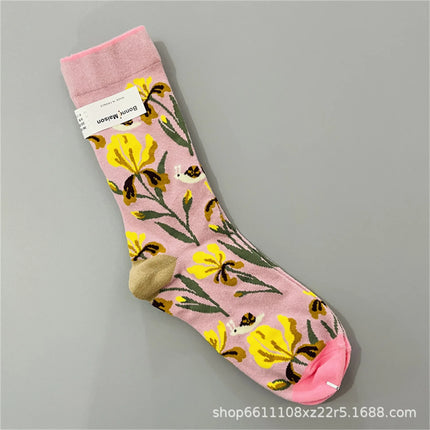 Bonne Maison French Small Batch Women's Fun Oil Painting Style Mid-Calf Cotton Dopaamine Colorful Socks Moisture Wicking Sweat