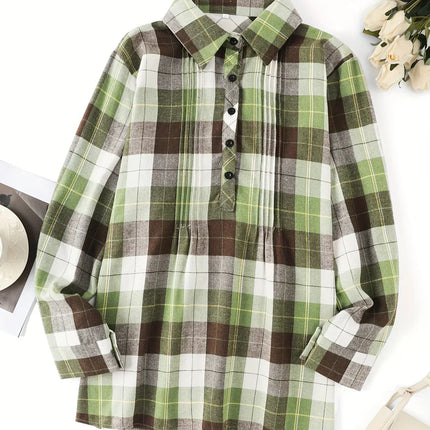 Women's Plus Size 1XL-5XL Plaid Print Long Sleeve Casual Blouse Lapel Collar Pullover Shirt Ladies Fashion Button Up Shirt Top