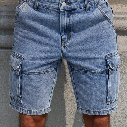 Men's Summer Blue Regular Denim Shorts. Multi-Pocket Design. Stylish and Casual.