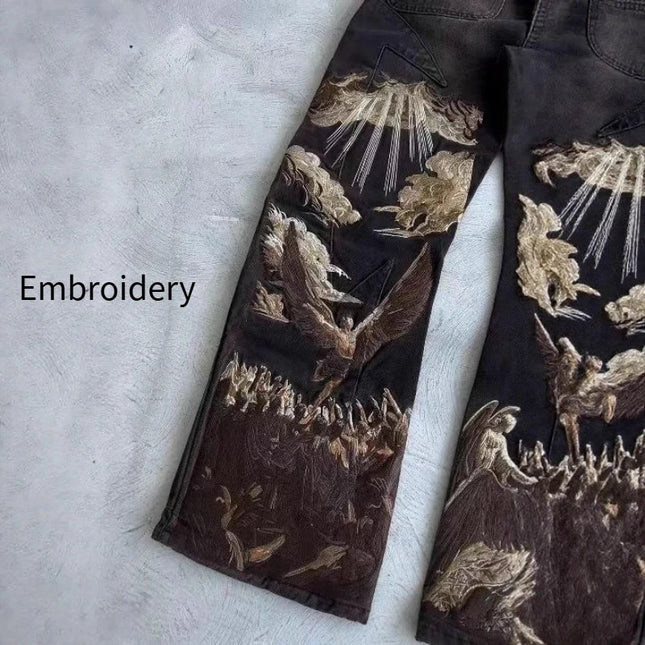 Mens Jeans Harajuku Y2K Streetwear Heavy Angel Embroidery Patchwork Washed Denim Pants Straight Leg Loose Fit Vintage New Spring