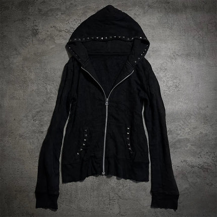 Goth Aesthetic Women Hoodie Harajuku Retro Y2K Emo Girl Fur Collar Cardigan Sweatshirt Rock Punk Hip Hop Casual Loose Streetwear