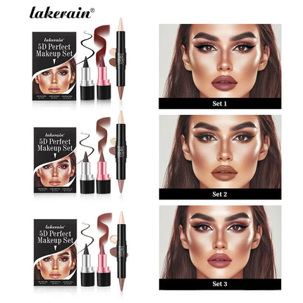 5D Perfect Makeup Set With Contouring Stick Eyeliner And Lipstick Easy Coloring Sweat-proof Long Lasting Daily Makeup Set