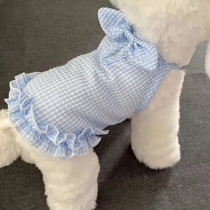 Cute Checkered Bow Strappy Dress Pet Spring Lightweight Dog Cat Teddy Bear Summer Clothing