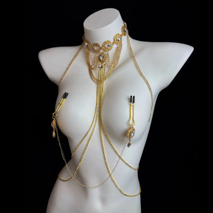 Gold Gemstone Collar Sexy Body Chain Tassel Nipple Clamps SM Training Chest Stimulation Punishment Women's Waist Chain Accessory
