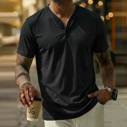 Men's polo shirt, solid color, V-neck, short-sleeved Henley T-shirt, casual button-down placket, everyday commuting base layer.