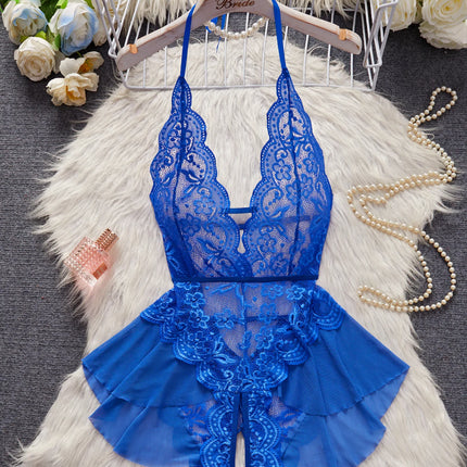 Lace Up Halter Deep V Babydoll Dress Backless Hollow Out Women Date Night Outfit