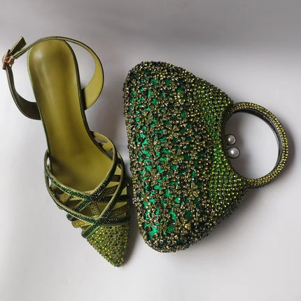 INSIGHTLINK Luxury Olive Green Rhinestones Women's Shoe and Bag Set for Party Wedding Crystals Heeled Pumps and Handbag Sandals
