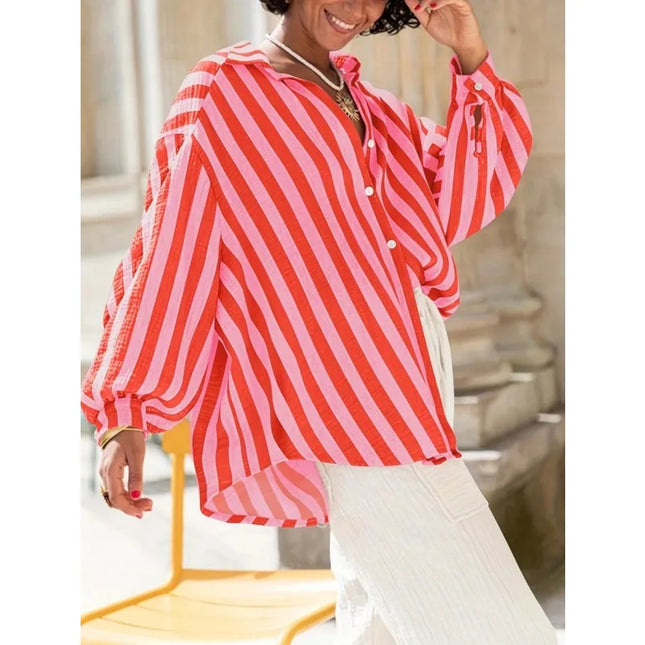 Plus Size 1XL-5XL Women Summer New Turn-down Collar Shirt Vertical Striped Long Sleeve Lady Casual Blouse Top