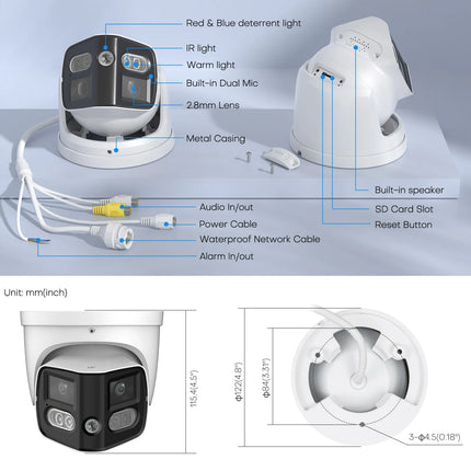 4K 180 Degrees 8MP Panoramic IP Camera Outdoor Dual Lens with Sound Light Alarm Speaker 2.8mm ONVIF Compatible Security Camera