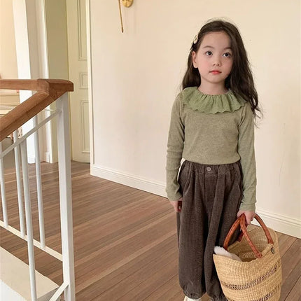 1-12 Years Long-Sleeved Shirts Children's Spring Knitted Tops Baby's Lace 2025 Lace Base Shirt Korean Girls Ruffle Collar T-shirt