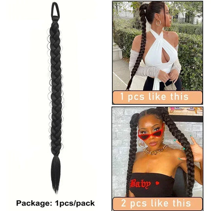 24inch Braided Ponytail for Women Long Straight Braids Ponytail with Rubber Band Synthetic Wrap Around Braid Horse Tail Extensio
