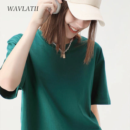 WAVLATII Women New 100% Cotton Solid T-shirts Female Pink White Casual Summer Tees Lady Oversized Short Sleeve Tops WT2401