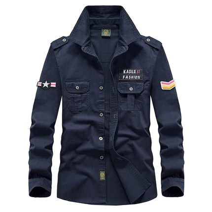 2025 New  Military Shirt Men Long Sleeve Casual Dress Shirt Male Cargo Work Shirts With Embroidery 115