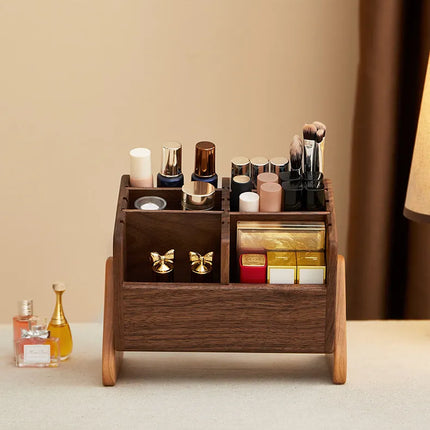 Walnut Cosmetic Organiser Desk-top Vanity Unit Lipstick & Eyeshadow Organiser Makeup Brush Holder Large Capacity Storage Rack