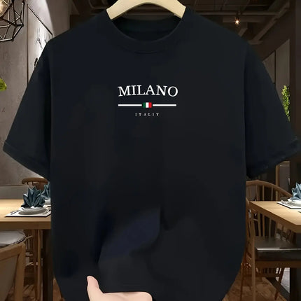 Men's 100% Pure Cotton Fashionable Casual Loose Italian Style Milan Letter Print Round Neck Short Sleeve T-Shirt Top