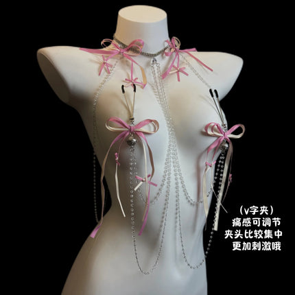New Pink Tassel Bow Nipple Clips Bell Body Chains Erotic Accessories Detachable One-Piece Necklace Fetish Adult Sex Toys Breast